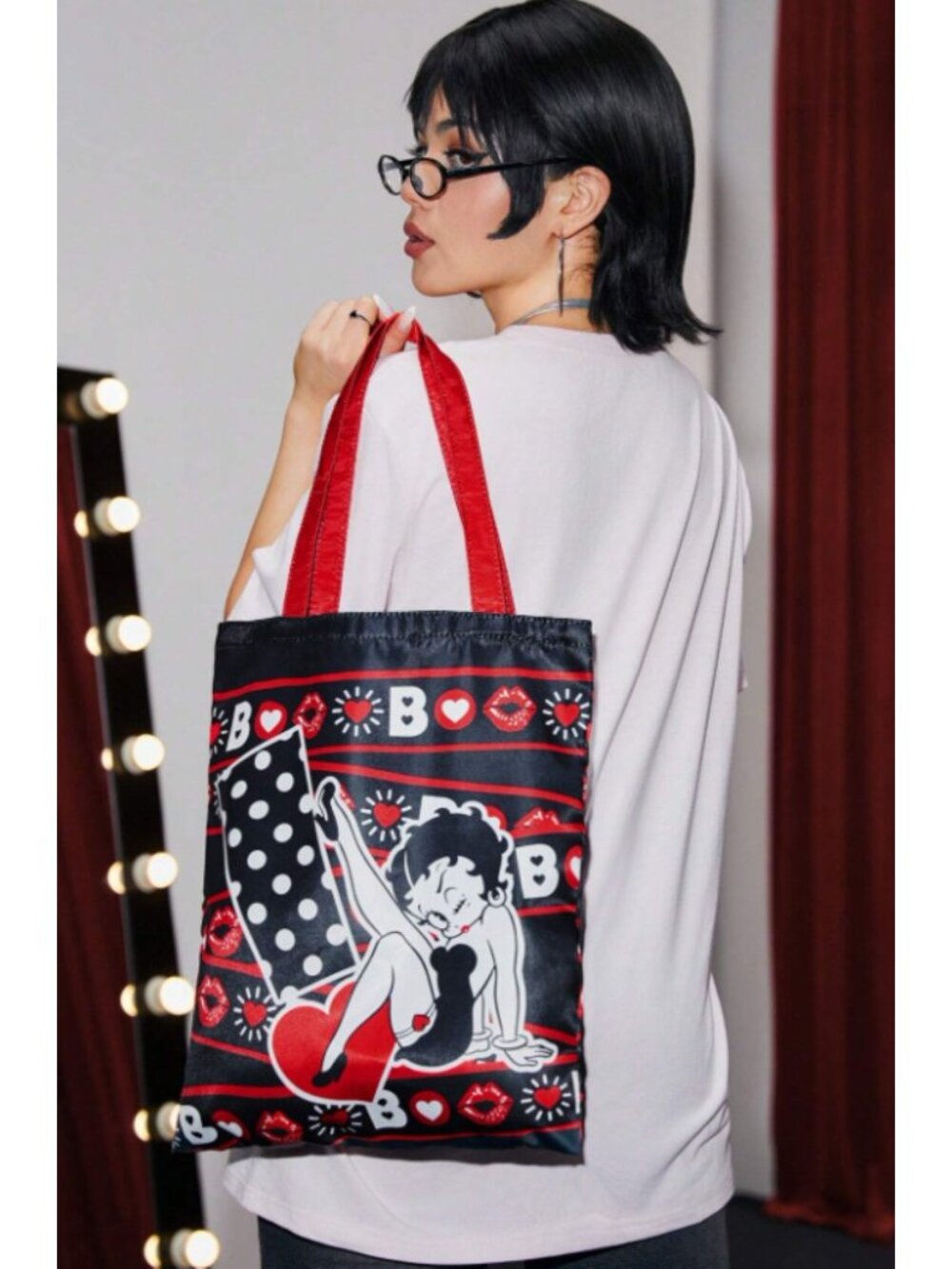 Betty Boop Foldable Reusable Shopping Bag Black with Red Hearts & Lips - Picture 3 of 6